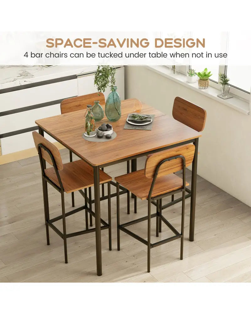 5 Pieces Industrial Dining Table Set with Counter Height Table and 4 Bar Stools-Walnut - Walnut - Dining Room Sets