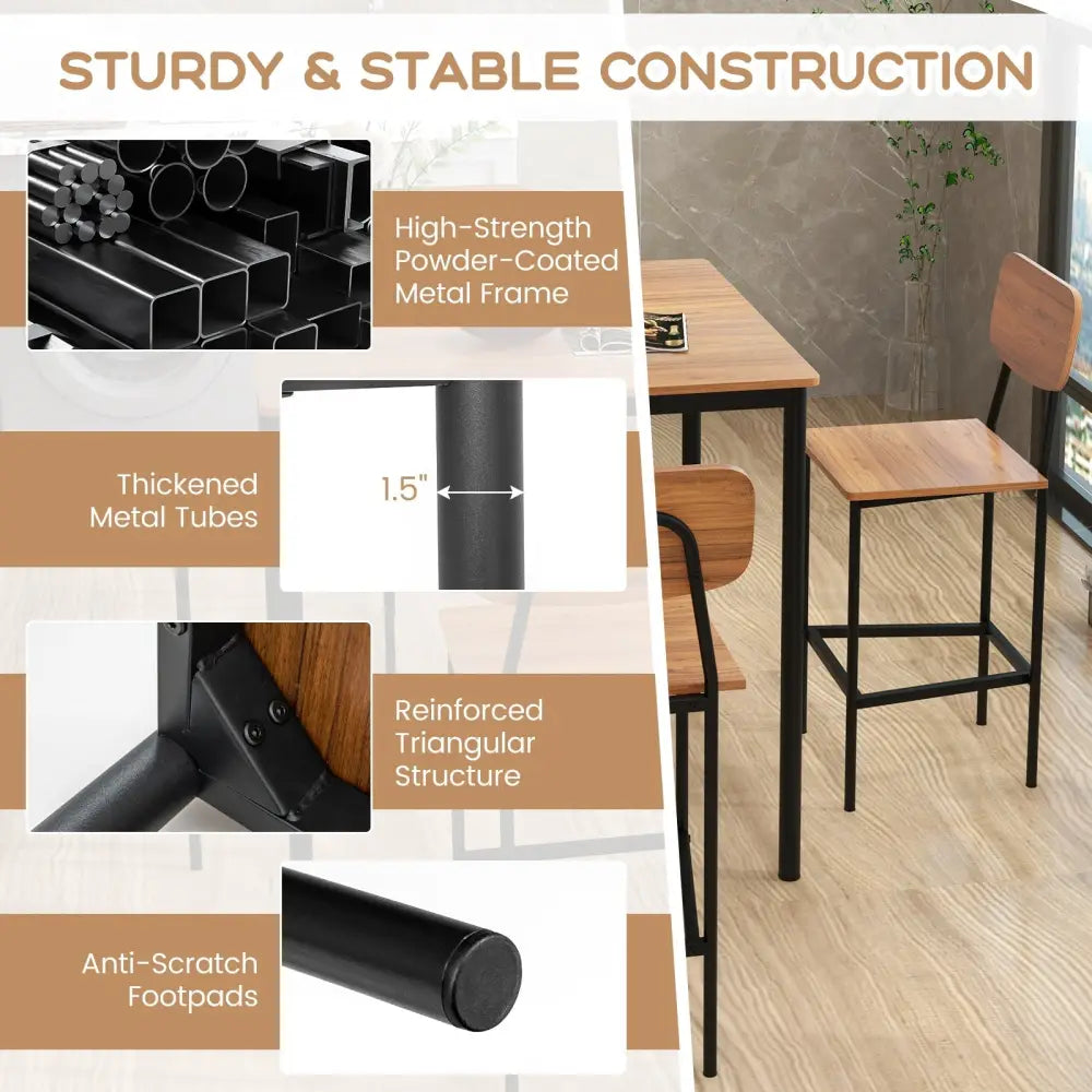 5 Pieces Industrial Dining Table Set with Counter Height Table and 4 Bar Stools-Walnut Costway