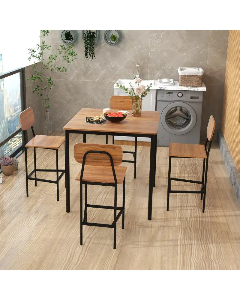 5 Pieces Industrial Dining Table Set with Counter Height Table and 4 Bar Stools-Walnut - Walnut - Dining Room Sets