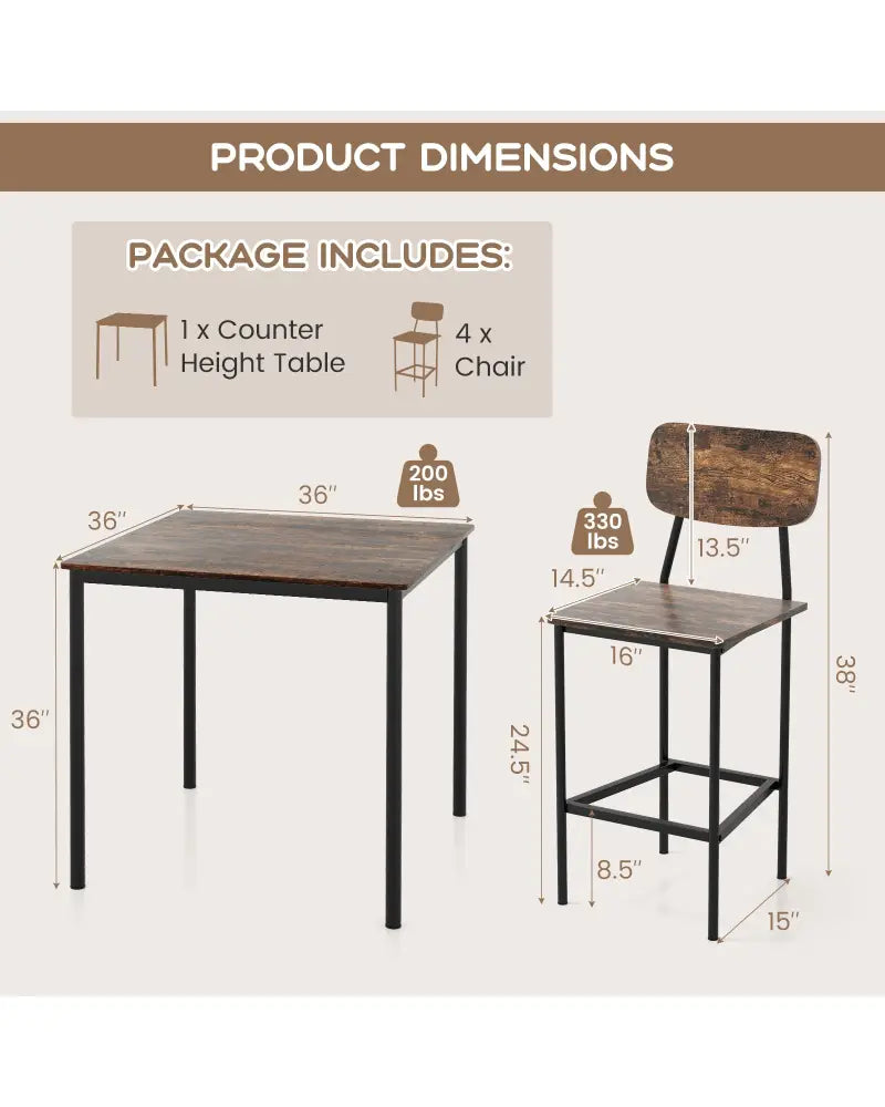 5 Pieces Industrial Dining Table Set with Counter Height Table and 4 Bar Stools-Coffee - Coffee - Dining Room Sets