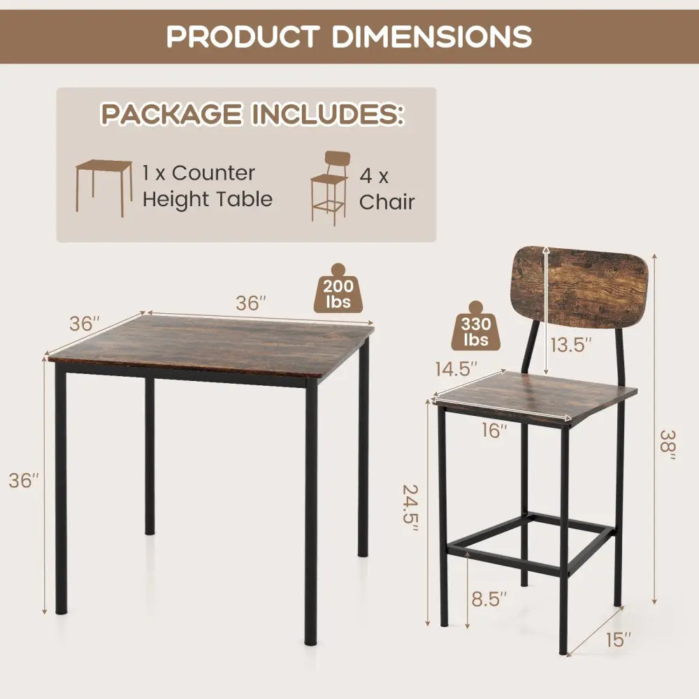 5 Pieces Industrial Dining Table Set with Counter Height Table and 4 Bar Stools-Coffee Costway
