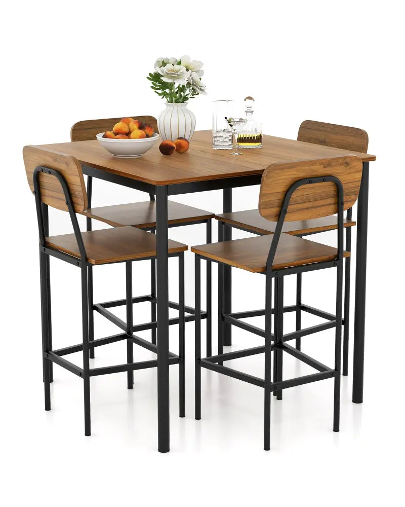 5 Pieces Industrial Dining Table Set with Counter Height Table and 4 Bar Stools-Walnut - Walnut - Dining Room Sets