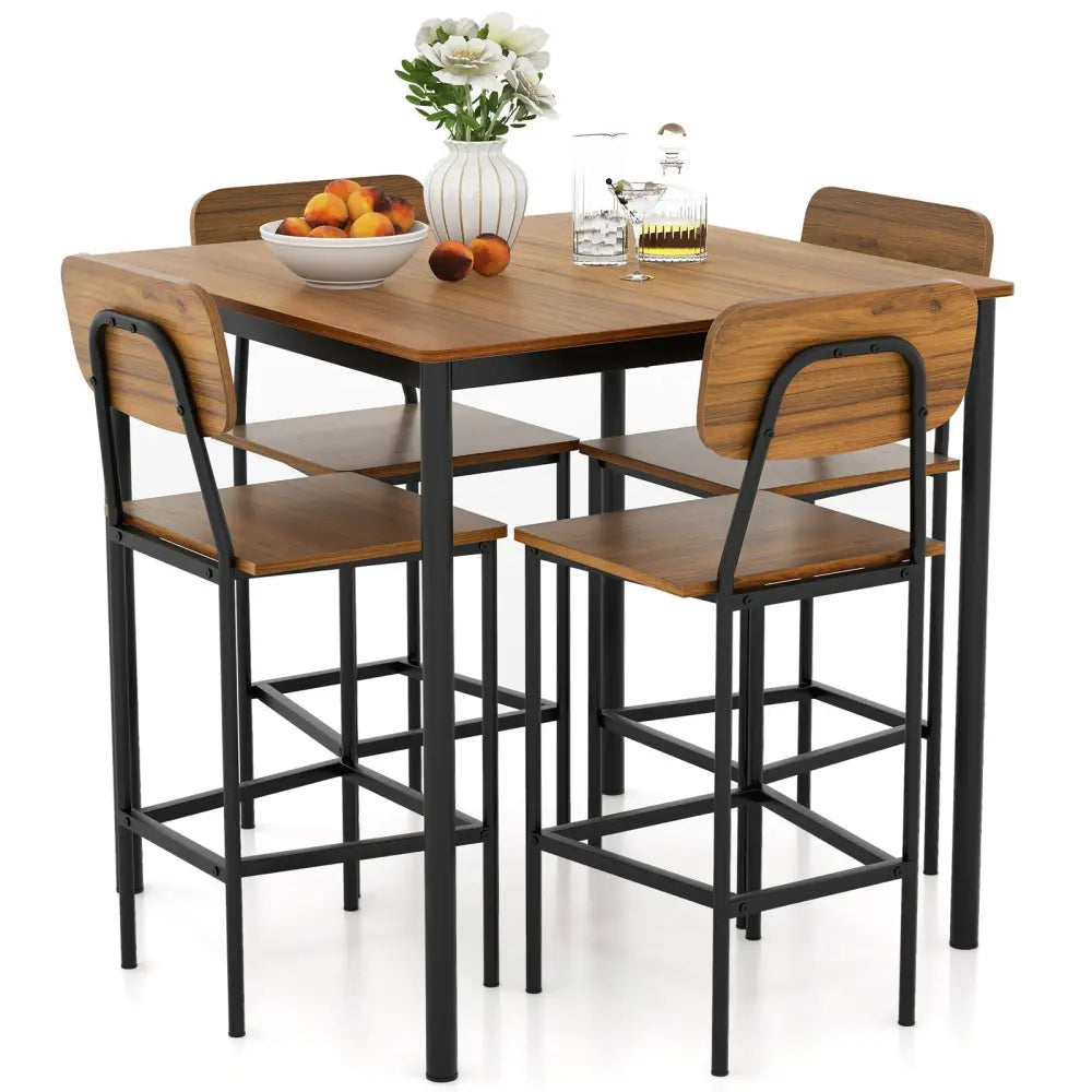 5 Pieces Industrial Dining Table Set with Counter Height Table and 4 Bar Stools-Walnut Costway