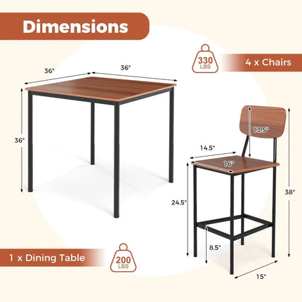 5 Pieces Industrial Dining Table Set with Counter Height Table and 4 Bar Stools-Walnut Costway