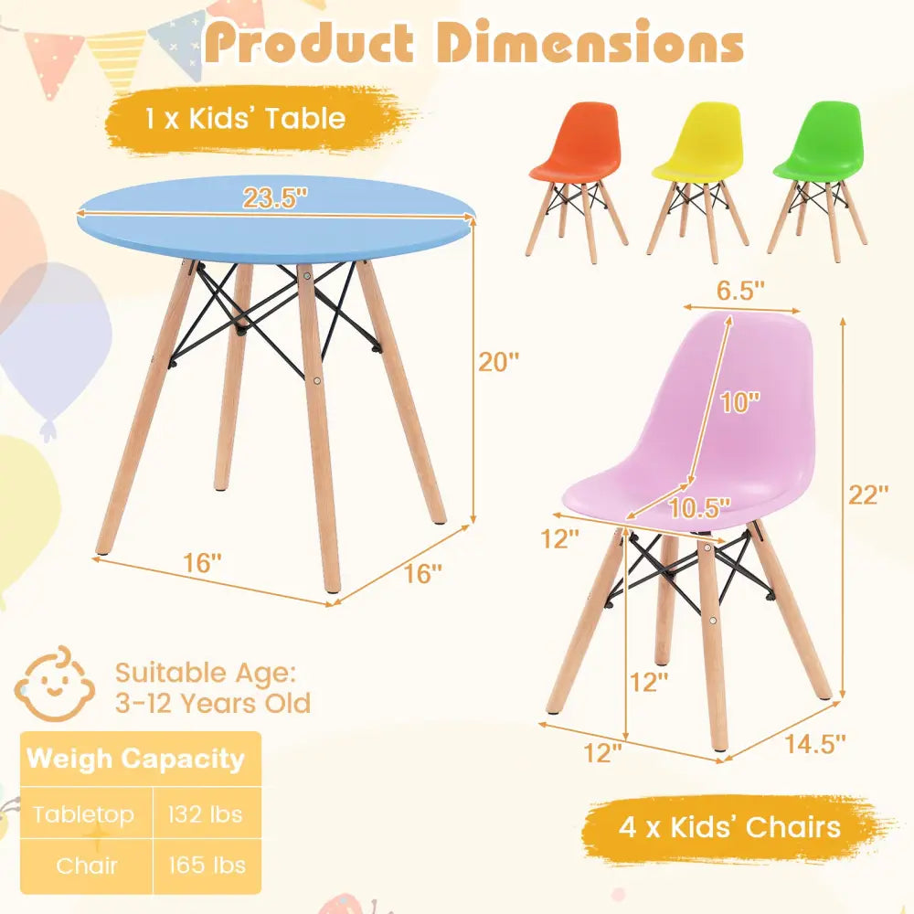 5 Pieces Kid’s Colorful Set with 4 Armless Chairs - Multicolor - Kids Table & Chair Sets