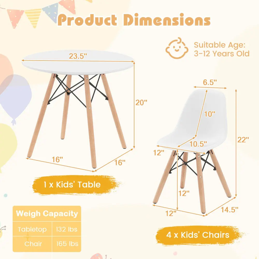 5 Pieces Kids Mid-Century Modern Table Chairs Set - White - Kids Table & Chair Sets