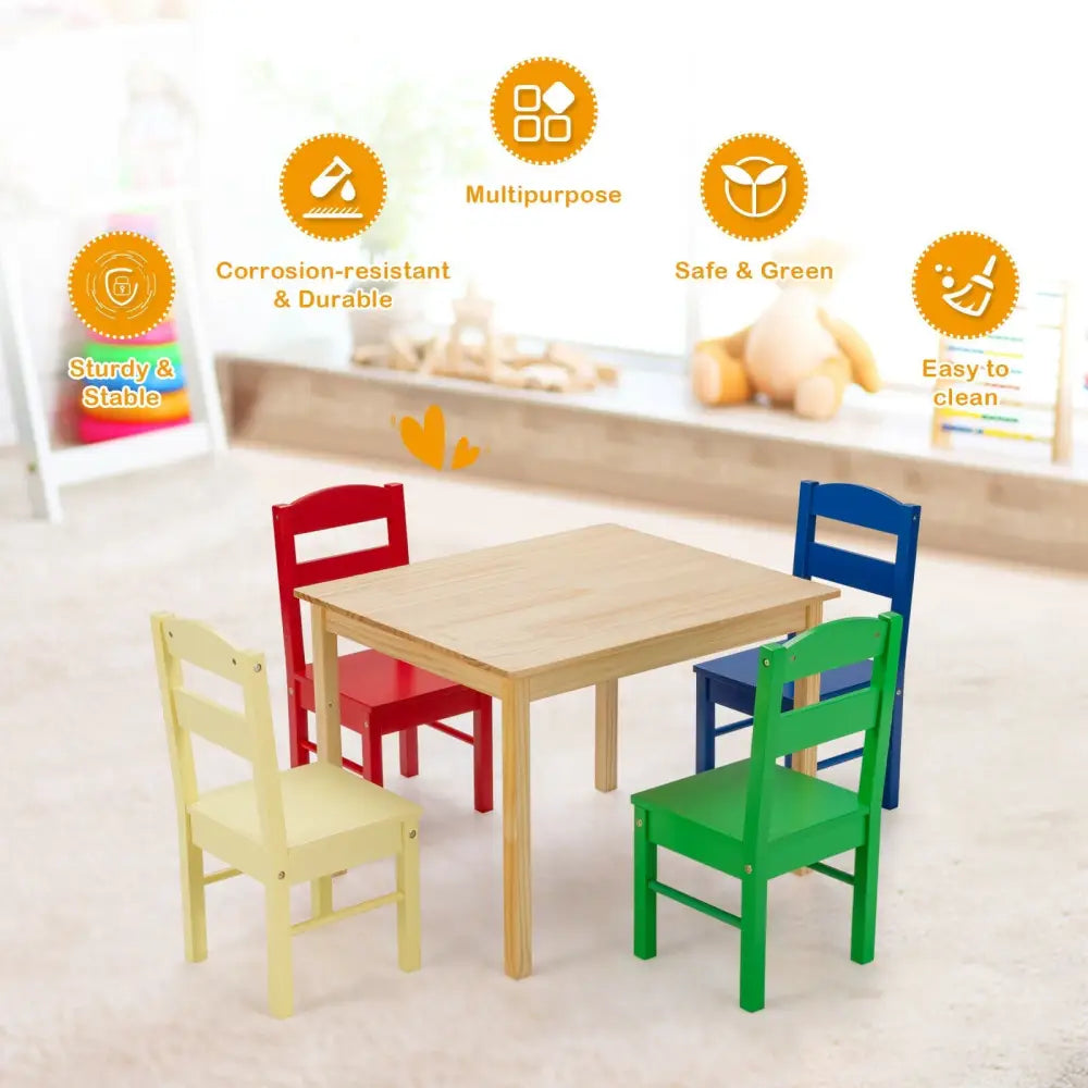 5 Pieces Kids Pine Wood Multicolor Table Chair Set-Multicolor - Multicolor - Kids Table & Chair Sets