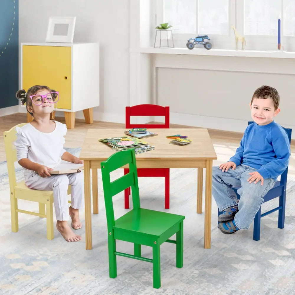 5 Pieces Kids Pine Wood Multicolor Table Chair Set-Multicolor - Multicolor - Kids Table & Chair Sets