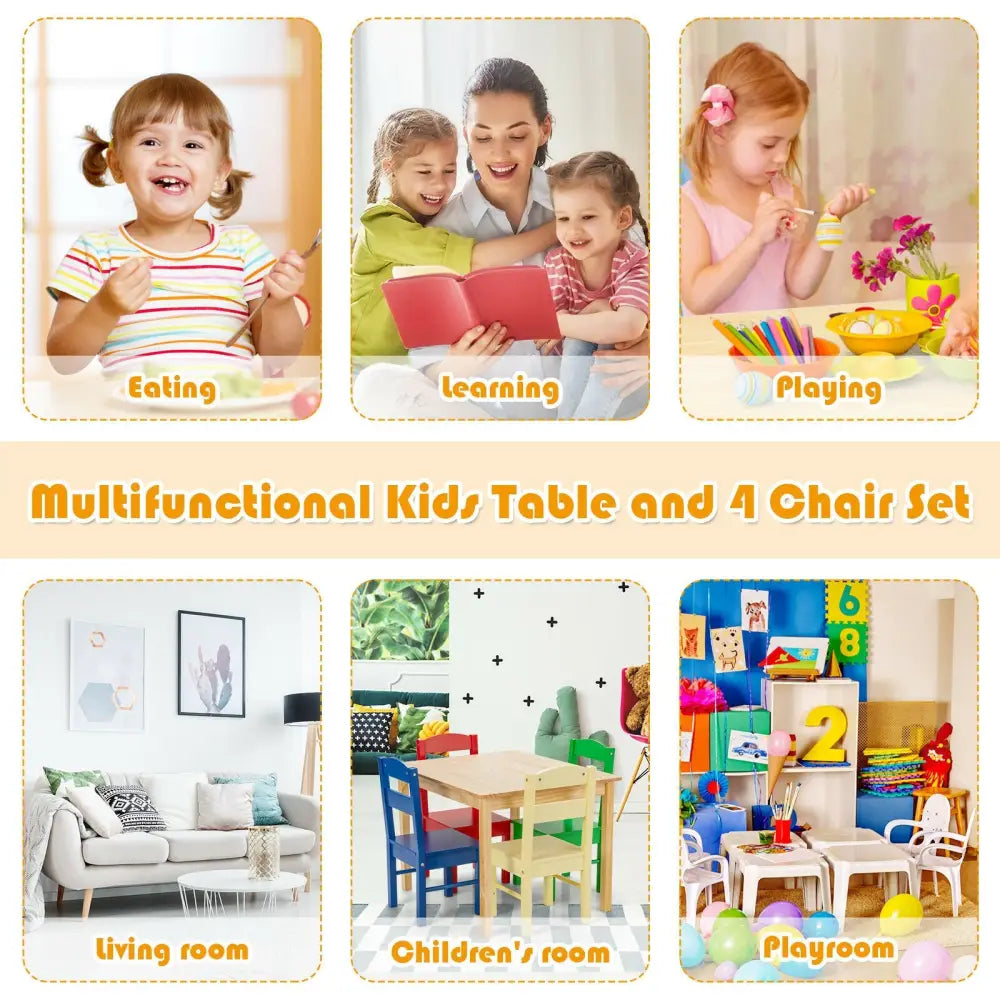 5 Pieces Kids Pine Wood Multicolor Table Chair Set-Multicolor - Multicolor - Kids Table & Chair Sets