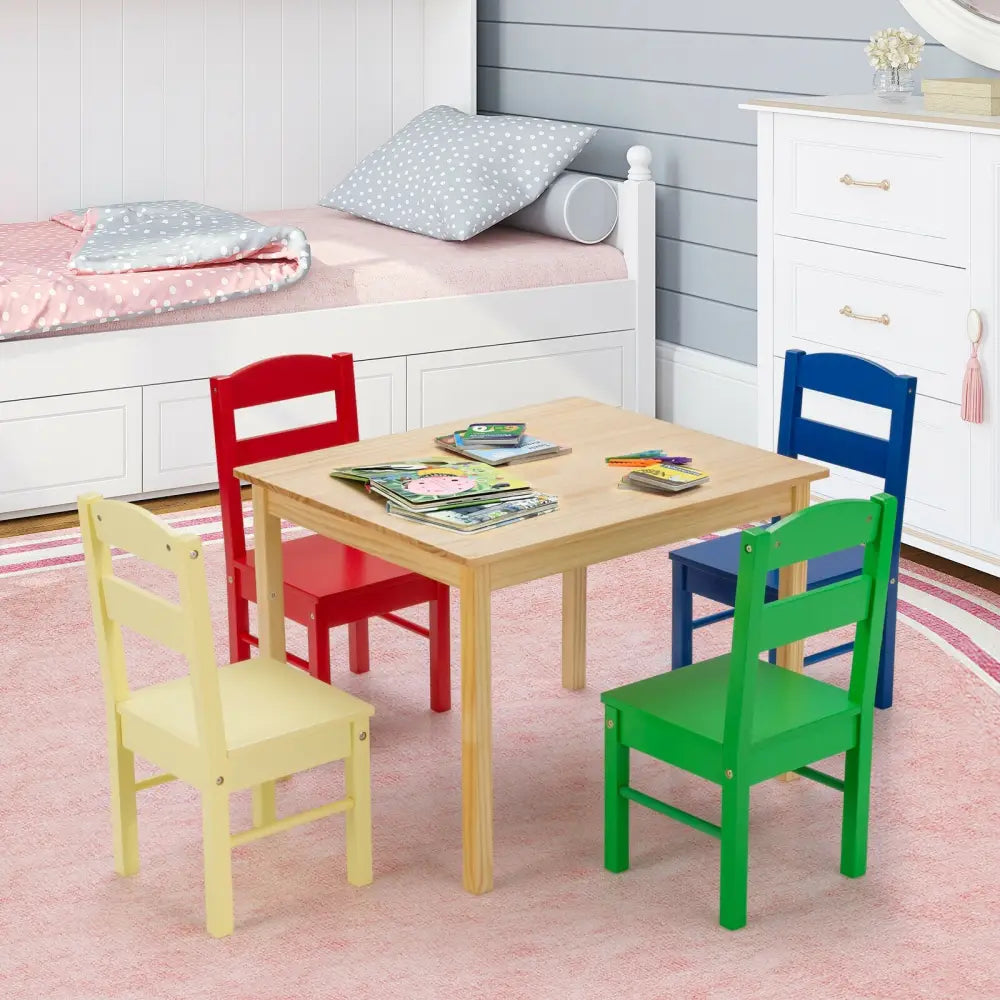 5 Pieces Kids Pine Wood Multicolor Table Chair Set-Multicolor - Multicolor - Kids Table & Chair Sets