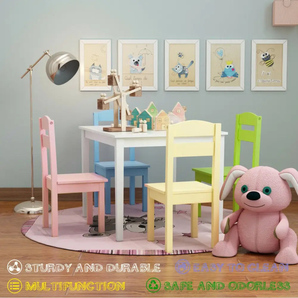 5 Pieces Kids Pine Wood Table Chair Set-Clear - Clear - Kids Table & Chair Sets