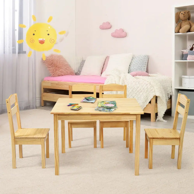 5 Pieces Kids Pine Wood Table Chair Set-Natural - Natural - Kids Table & Chair Sets