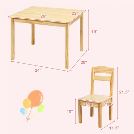 5 Pieces Kids Pine Wood Table Chair Set-Natural - Natural - Kids Table & Chair Sets