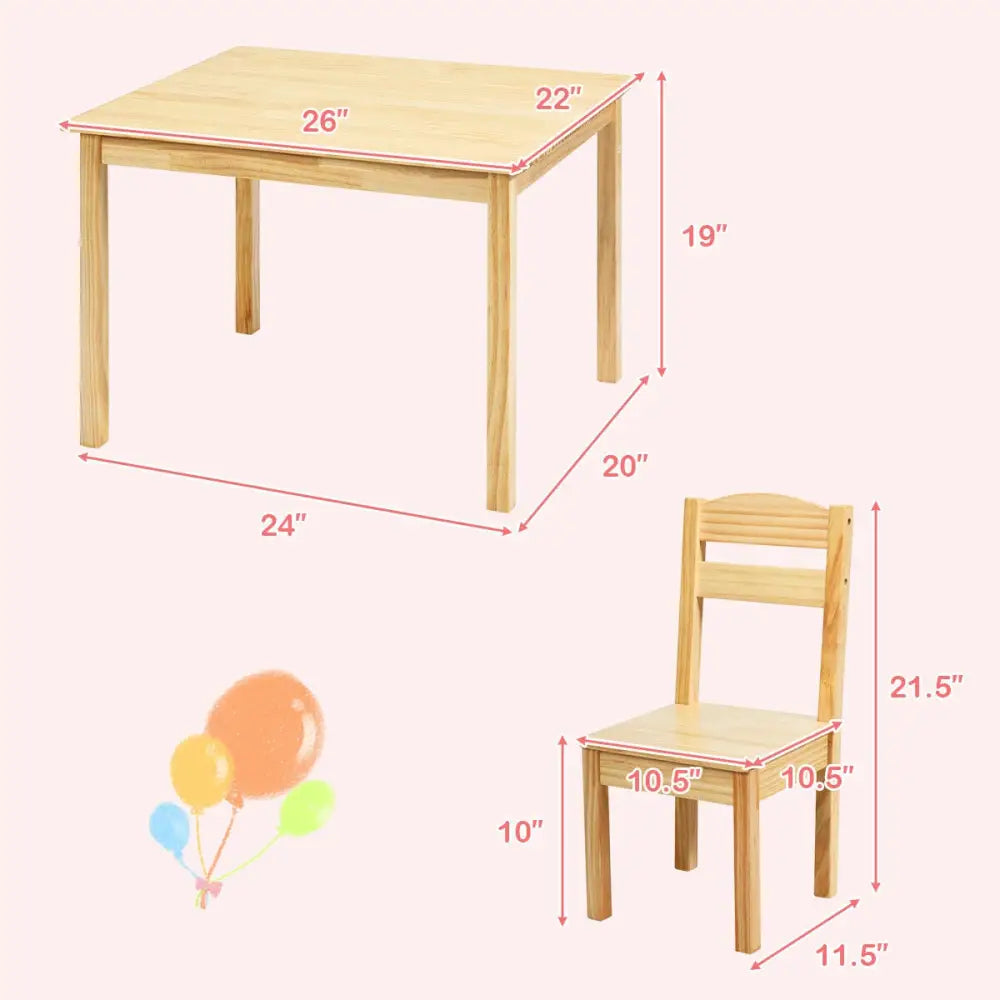 5 Pieces Kids Pine Wood Table Chair Set-Natural - Natural - Kids Table & Chair Sets