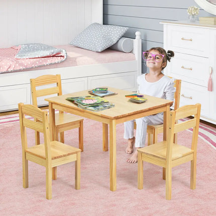 5 Pieces Kids Pine Wood Table Chair Set-Natural - Natural - Kids Table & Chair Sets