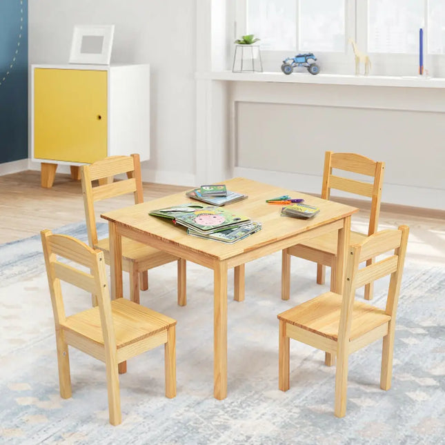 5 Pieces Kids Pine Wood Table Chair Set-Natural - Natural - Kids Table & Chair Sets