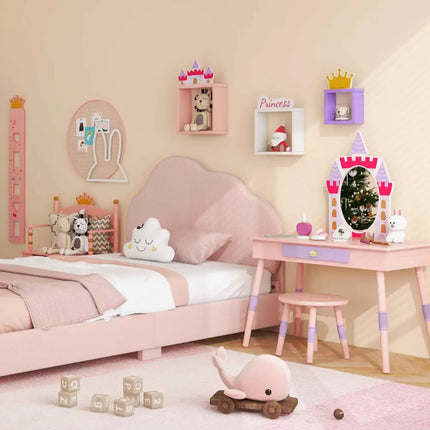 5 Pieces Kids’ Room Bundle: Twin Bed Frame Wardrobe Closet Vanity Table and Stool Set - Toddler & Kids Furniture