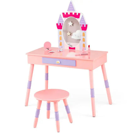 5 Pieces Kids’ Room Bundle: Twin Bed Frame Wardrobe Closet Vanity Table and Stool Set - Toddler & Kids Furniture