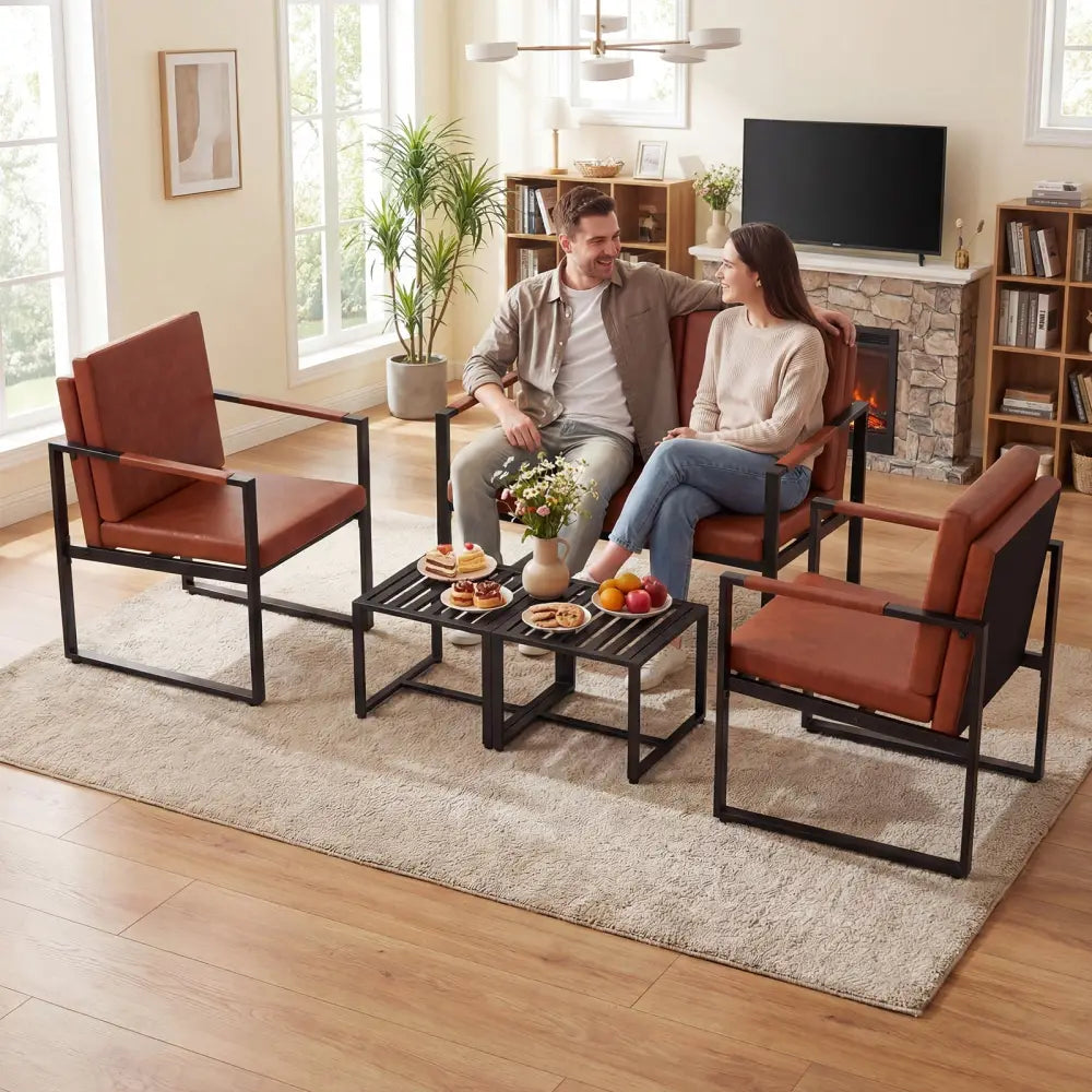 5 Pieces Living Room Set with 2 Accent Chairs and 2 Coffee Tables-Brown - Brown - Sofas & Loveseats