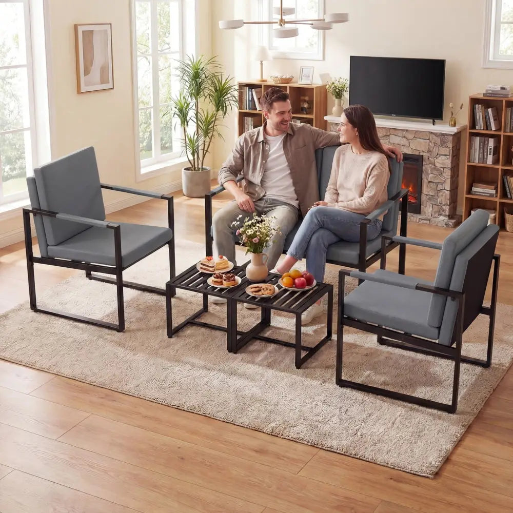 5 Pieces Living Room Set with 2 Accent Chairs and 2 Coffee Tables-Gray - Black & Gray - Sofas & Loveseats