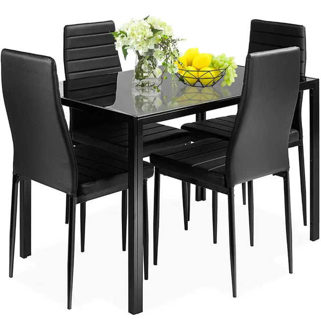 5 Pieces Metal Frame and Glass Tabletop Dining Set - Black - Dining Room Sets