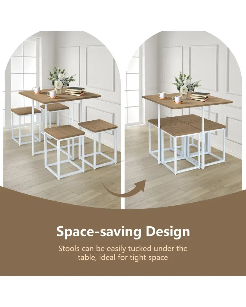 5 Pieces Metal Frame Dining Set with Compact Dining Table and 4 Stools-Natural - Natural - Dining Room Sets