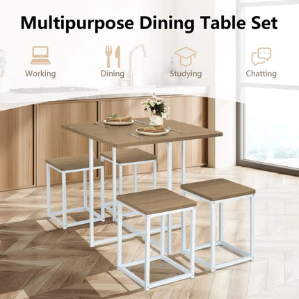 5 Pieces Metal Frame Dining Set with Compact Dining Table and 4 Stools-Natural Costway