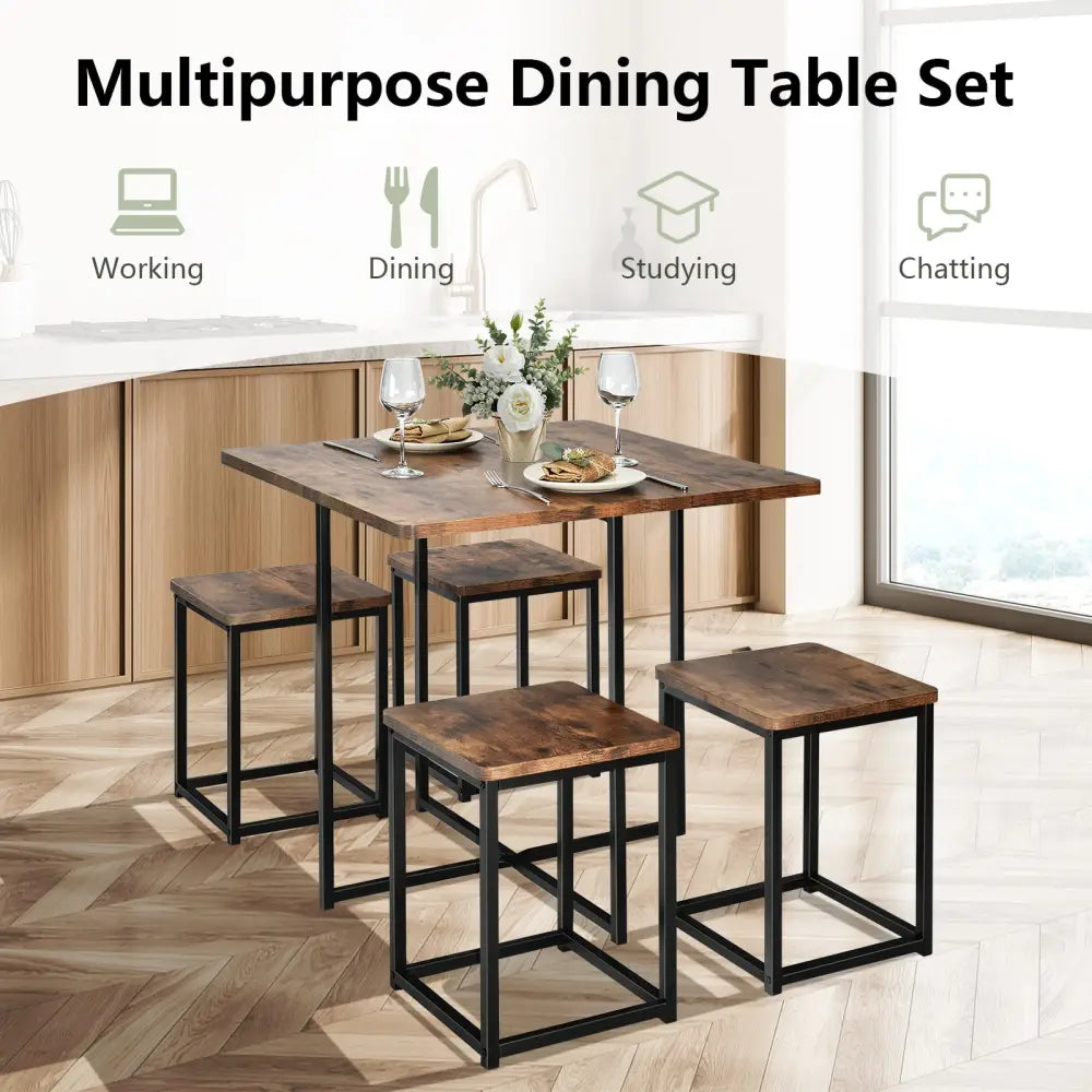 5 Pieces Metal Frame Dining Set with Compact Dining Table and 4 Stools -Walnut - Walnut - Dining Room Sets