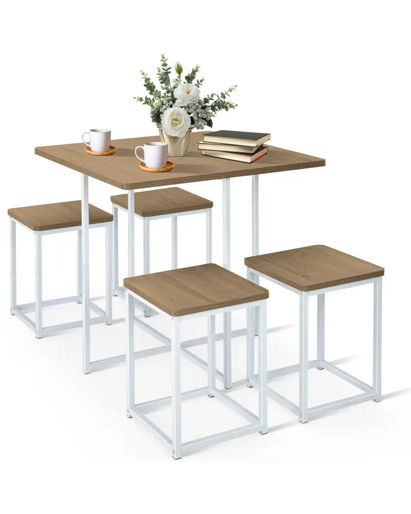 5 Pieces Metal Frame Dining Set with Compact Dining Table and 4 Stools-Natural - Natural - Dining Room Sets