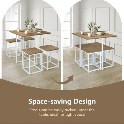 5 Pieces Metal Frame Dining Set with Compact Dining Table and 4 Stools-Natural Costway