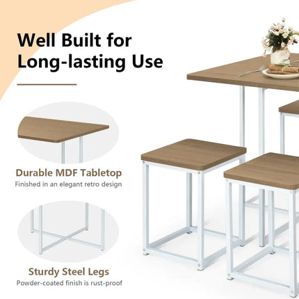 5 Pieces Metal Frame Dining Set with Compact Dining Table and 4 Stools-Natural Costway