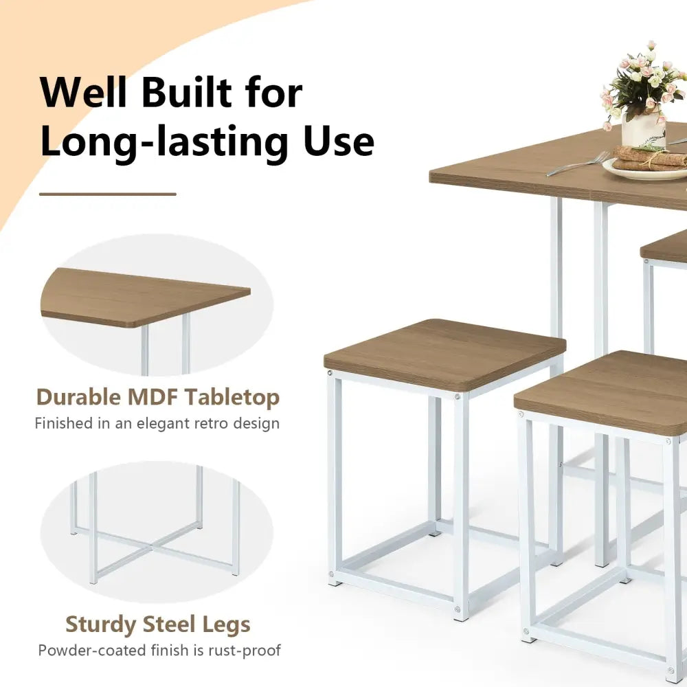 5 Pieces Metal Frame Dining Set with Compact Dining Table and 4 Stools-Natural Costway
