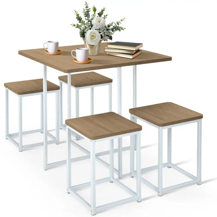 5 Pieces Metal Frame Dining Set with Compact Dining Table and 4 Stools-Natural Costway
