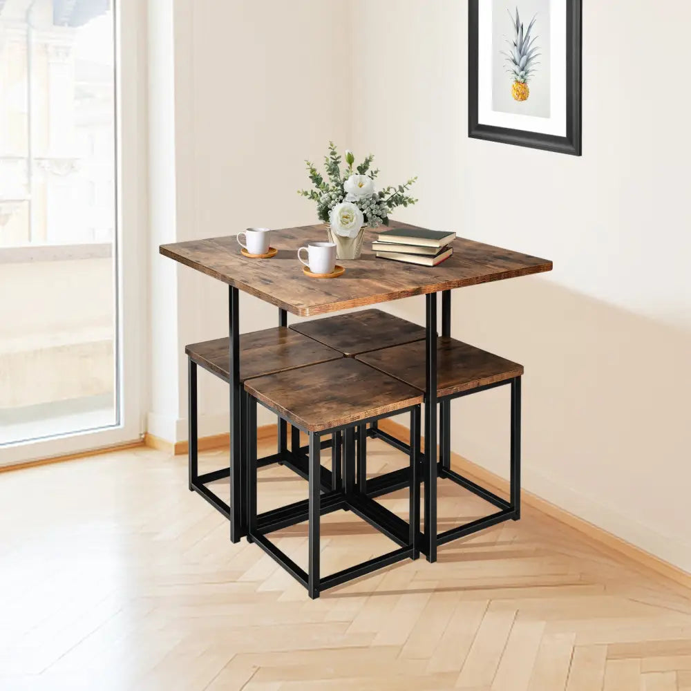 5 Pieces Metal Frame Dining Set with Compact Dining Table and 4 Stools -Walnut - Walnut - Dining Room Sets