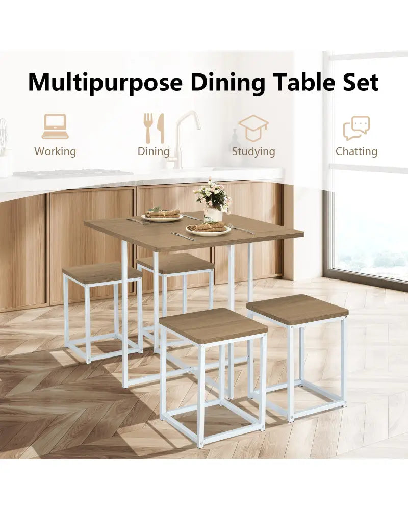 5 Pieces Metal Frame Dining Set with Compact Dining Table and 4 Stools-Natural - Natural - Dining Room Sets