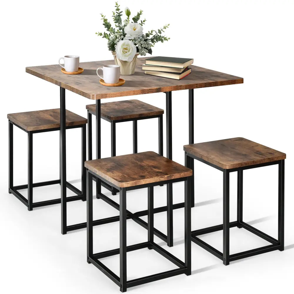 5 Pieces Metal Frame Dining Set with Compact Dining Table and 4 Stools -Walnut - Walnut - Dining Room Sets