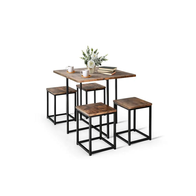 5 Pieces Metal Frame Dining Set with Compact Dining Table and 4 Stools -Walnut - Walnut - Dining Room Sets