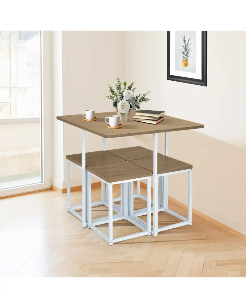 5 Pieces Metal Frame Dining Set with Compact Dining Table and 4 Stools-Natural - Natural - Dining Room Sets