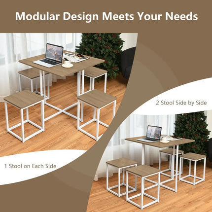 5 Pieces Metal Frame Dining Set with Compact Dining Table and 4 Stools-Natural Costway