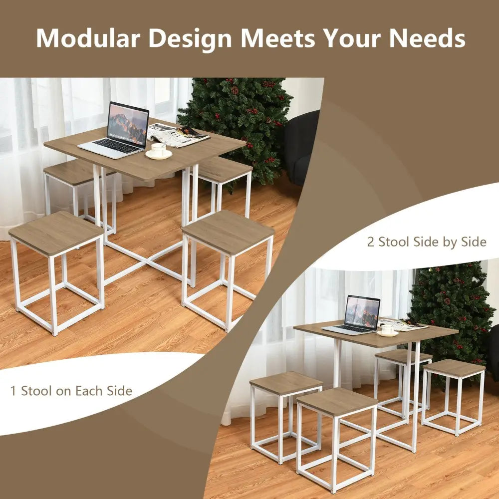 5 Pieces Metal Frame Dining Set with Compact Dining Table and 4 Stools-Natural Costway