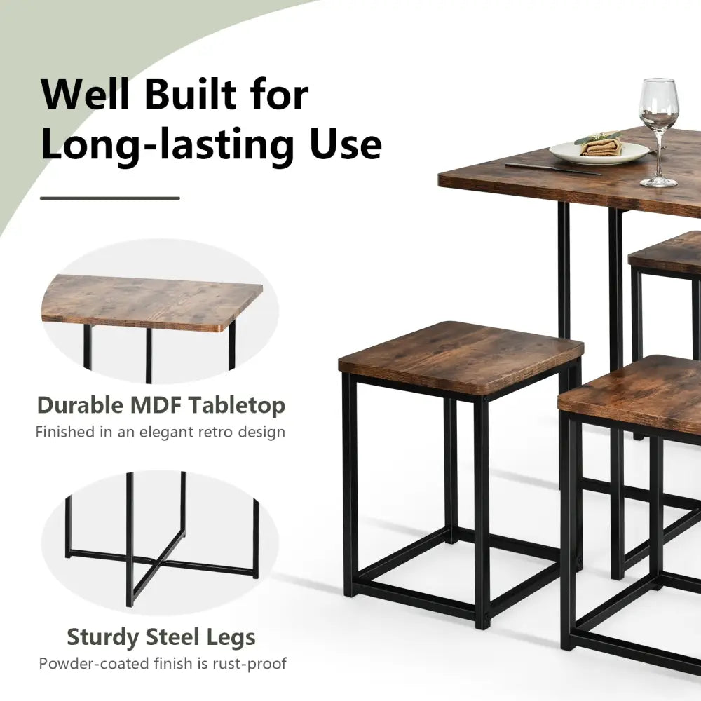 5 Pieces Metal Frame Dining Set with Compact Dining Table and 4 Stools -Walnut - Walnut - Dining Room Sets