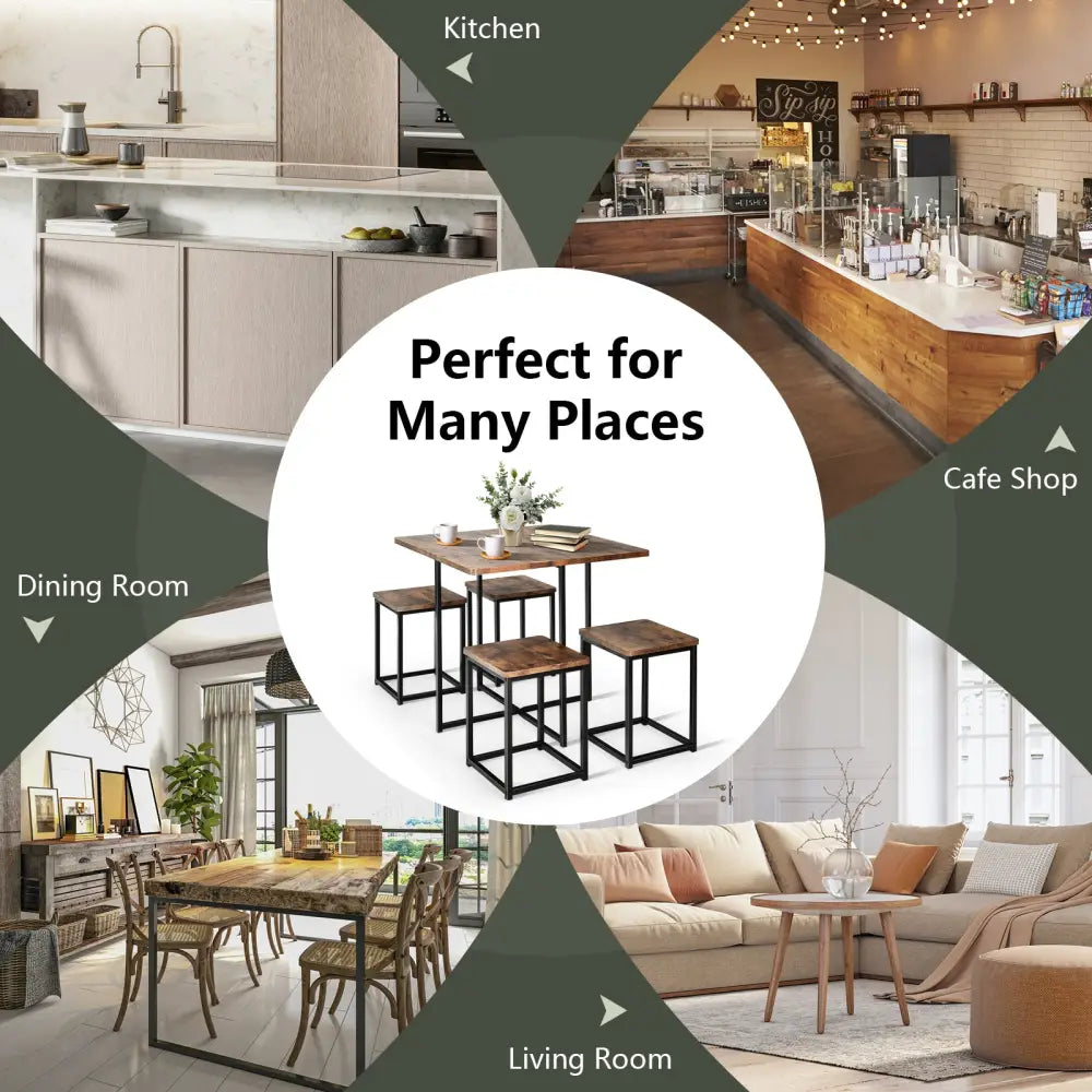 5 Pieces Metal Frame Dining Set with Compact Dining Table and 4 Stools -Walnut - Walnut - Dining Room Sets