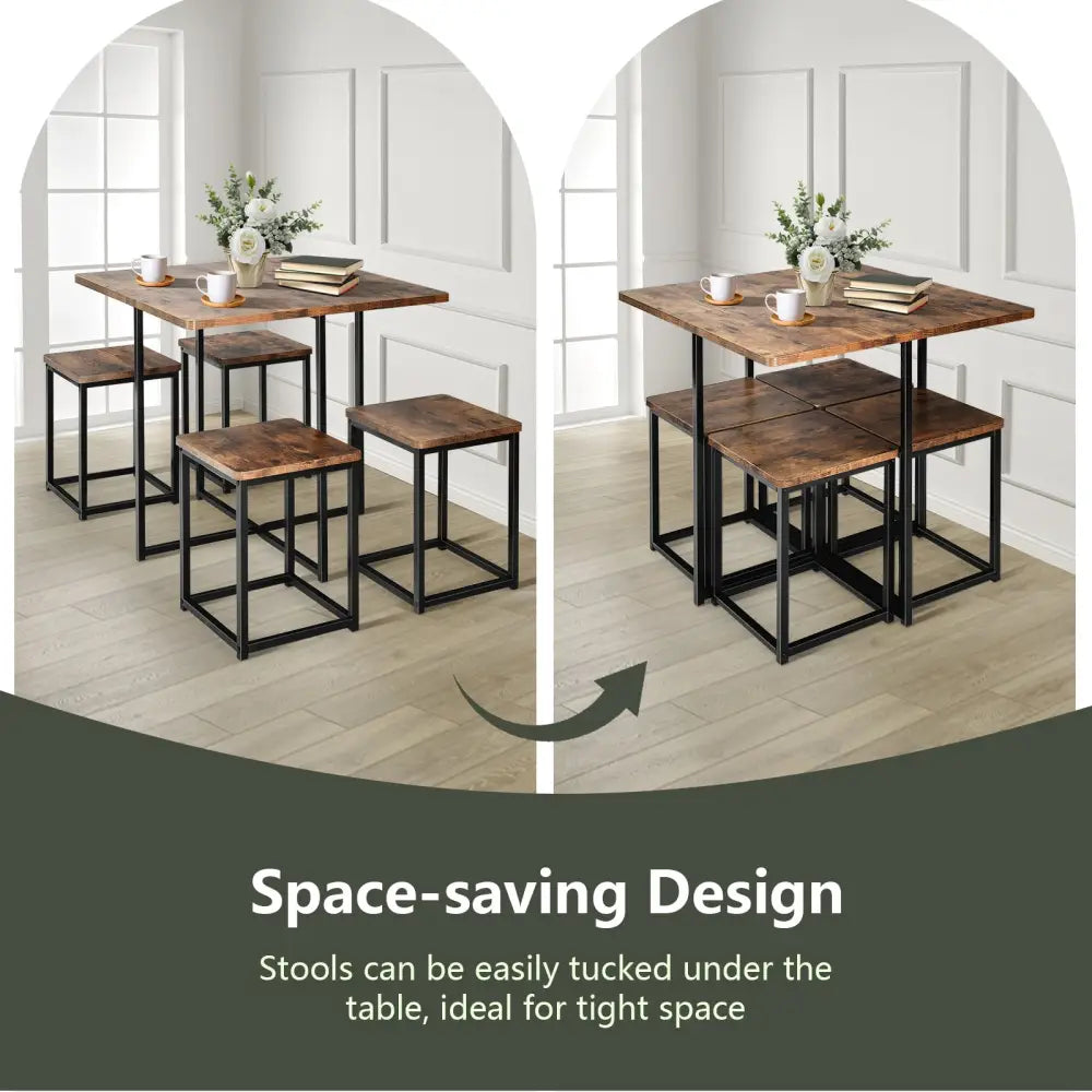 5 Pieces Metal Frame Dining Set with Compact Dining Table and 4 Stools -Walnut - Walnut - Dining Room Sets