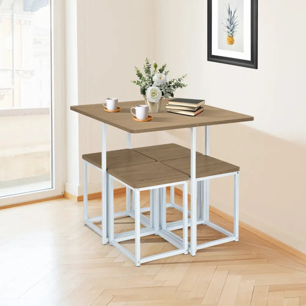 5 Pieces Metal Frame Dining Set with Compact Dining Table and 4 Stools-Natural Costway