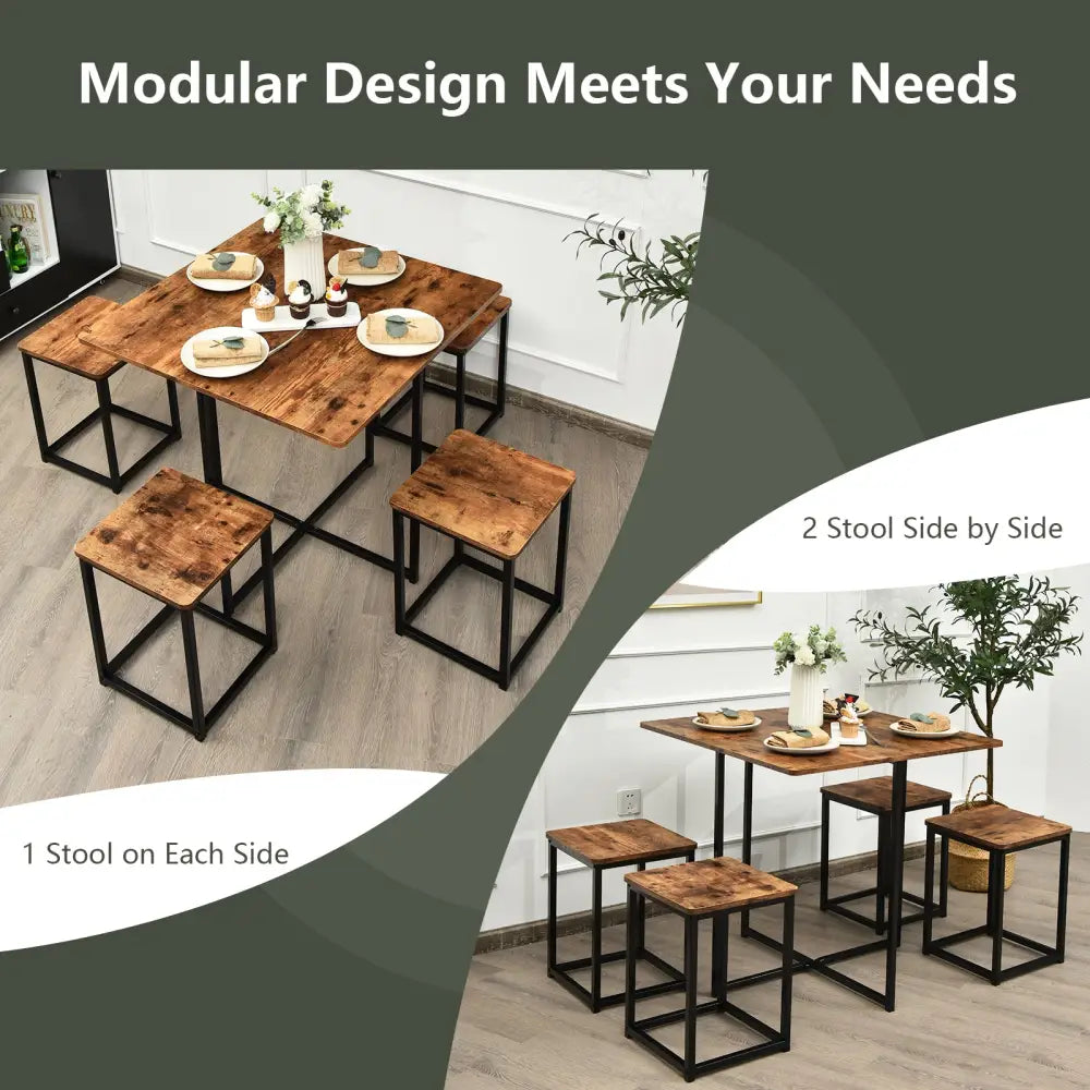 5 Pieces Metal Frame Dining Set with Compact Dining Table and 4 Stools -Walnut - Walnut - Dining Room Sets
