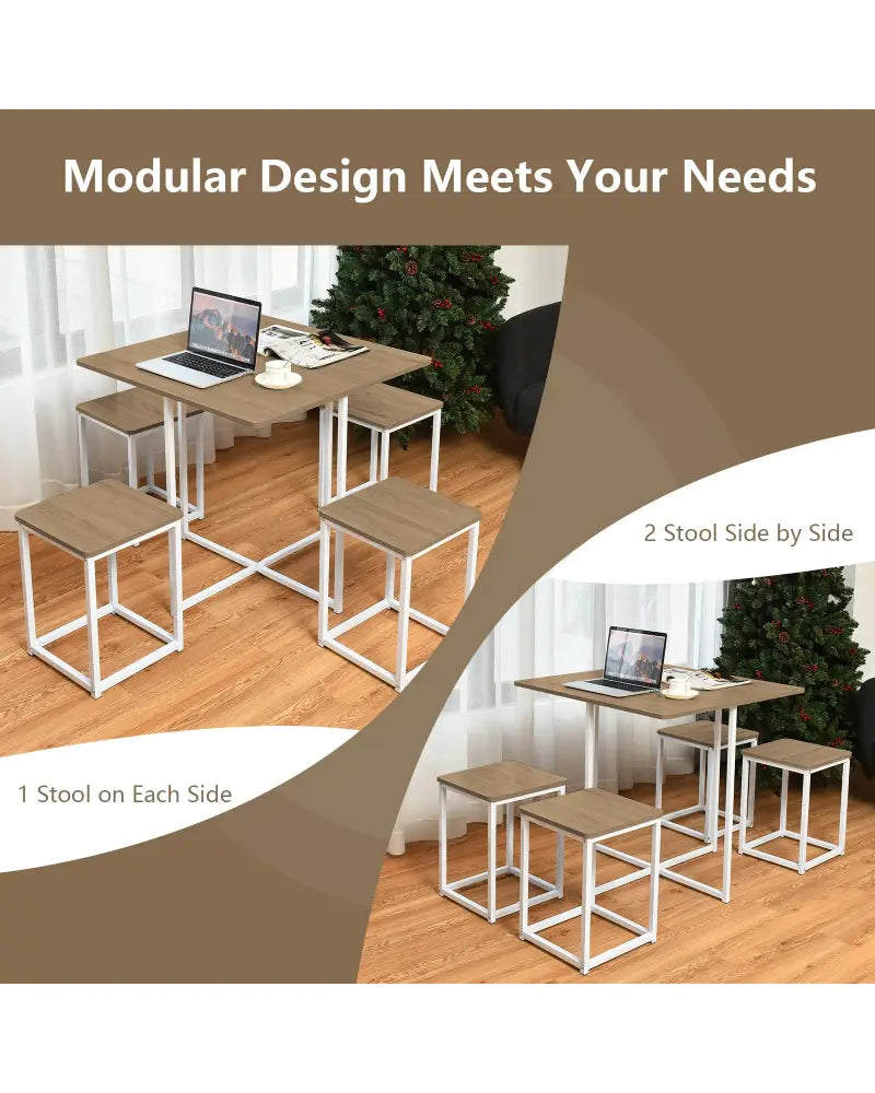 5 Pieces Metal Frame Dining Set with Compact Dining Table and 4 Stools-Natural - Natural - Dining Room Sets