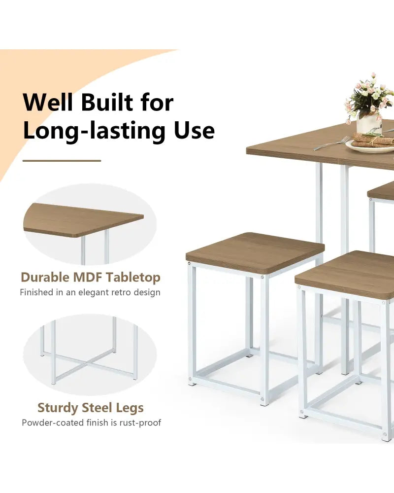 5 Pieces Metal Frame Dining Set with Compact Dining Table and 4 Stools-Natural - Natural - Dining Room Sets