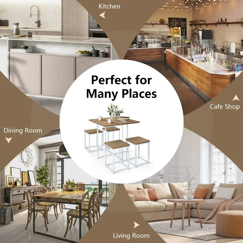 5 Pieces Metal Frame Dining Set with Compact Dining Table and 4 Stools-Natural Costway