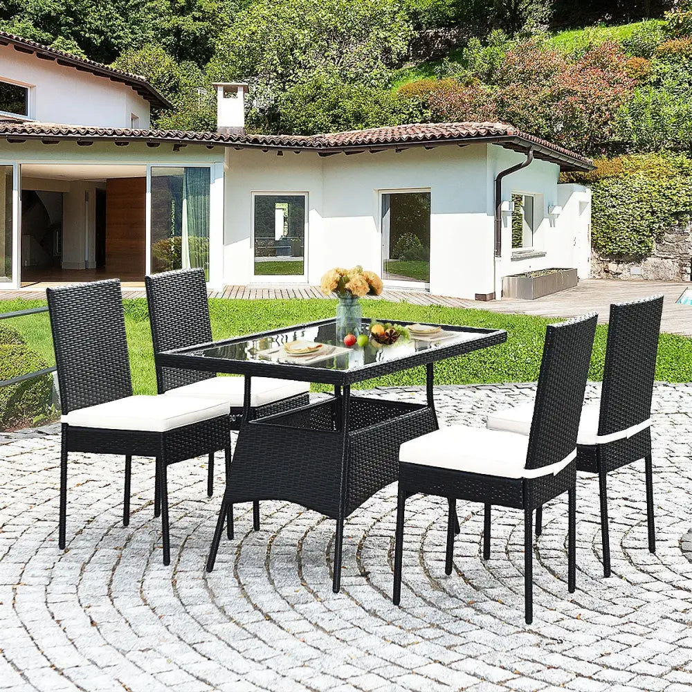 5 Pieces Outdaoor Patio Rattan Dining Set with Glass Top with Cushions - Black - Patio Dining Sets