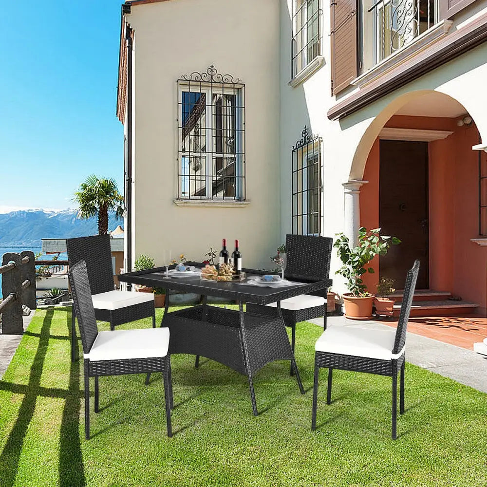 5 Pieces Outdaoor Patio Rattan Dining Set with Glass Top with Cushions - Black - Patio Dining Sets